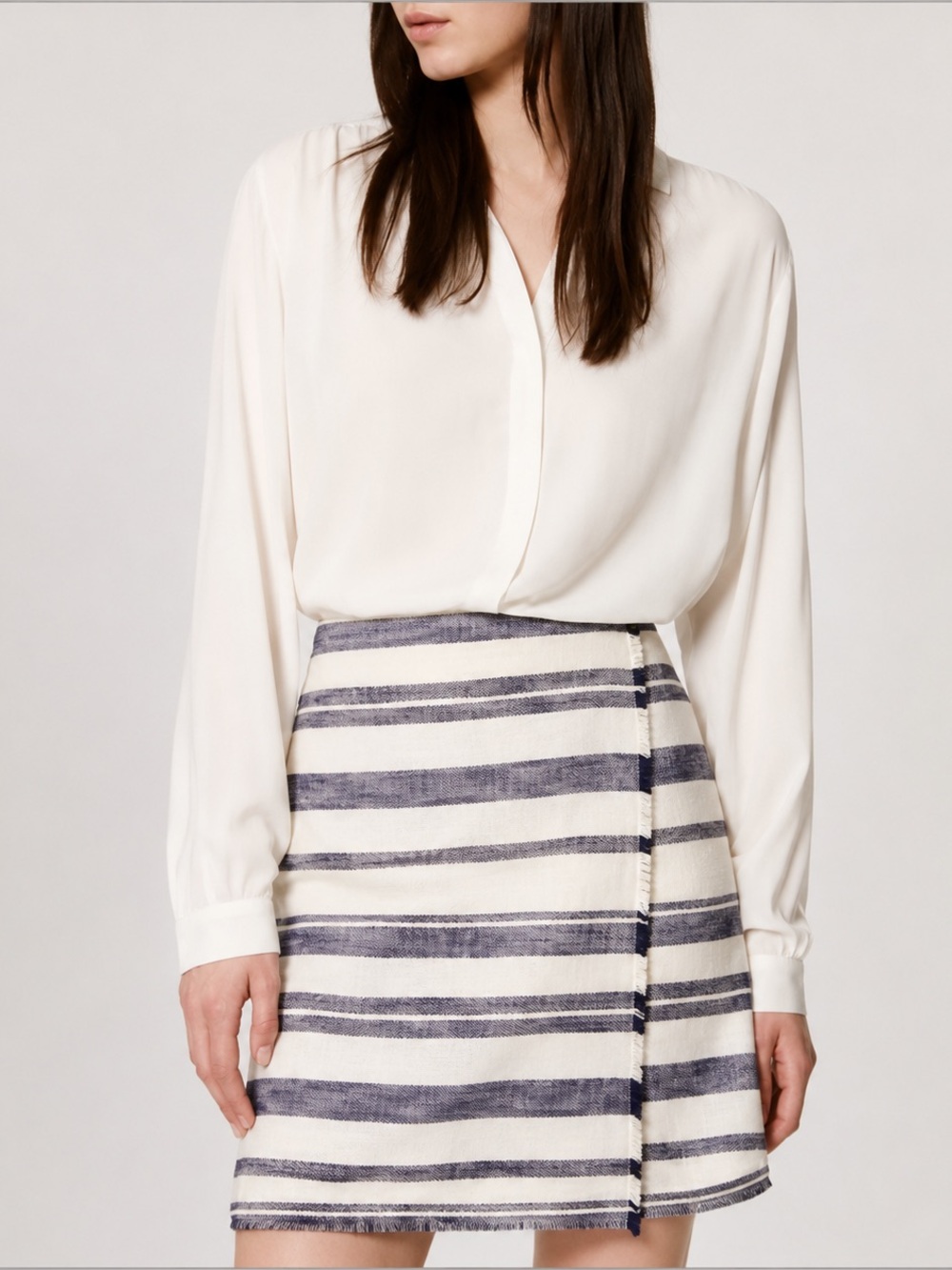 Loft‎ Faux Wrap Fringe Striped Skirt